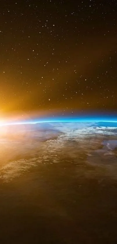 Sunrise over Earth as seen from space, with a glowing horizon.