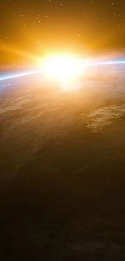 Breathtaking sunrise over Earth's horizon viewed from space, showcasing a golden glow.