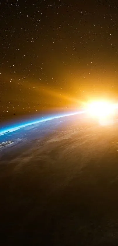 Stunning view of Earth at sunrise from space with bright orange horizon light.