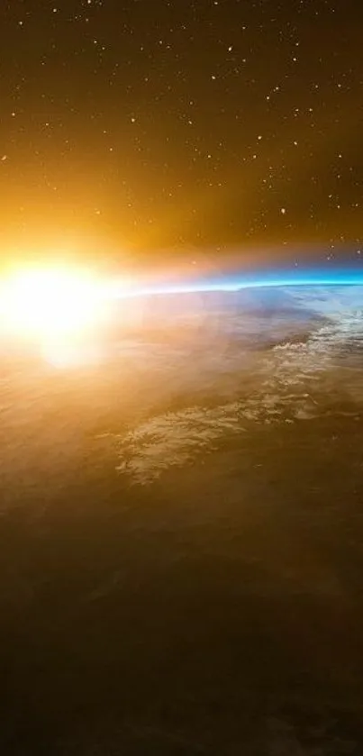 Stunning sunrise over Earth visible from space, showcasing vibrant colors and sunlight.