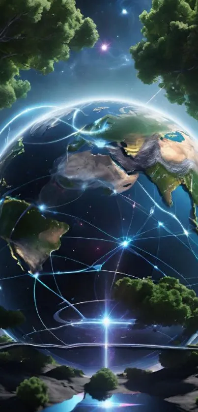 Futuristic Earth with glowing connections and green trees.