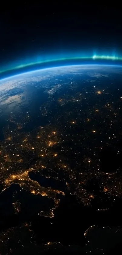 Stunning view of Earth from space with illuminated cities and glowing atmosphere.