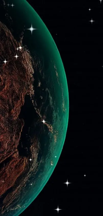 Stunning view of Earth in space with rich teal and brown textures.