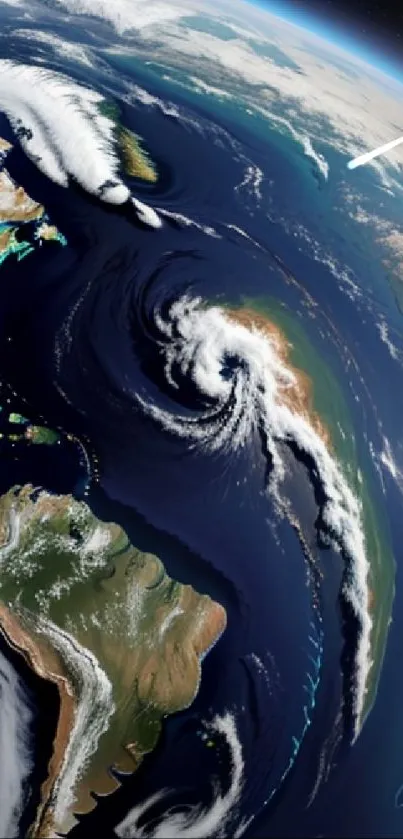 Stunning view of Earth from space with clouds and continents visible.
