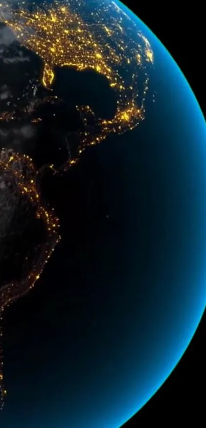 Vibrant Earth image from space with glowing city lights.