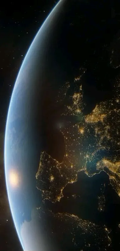 Stunning view of Earth from space at night, city lights glowing.