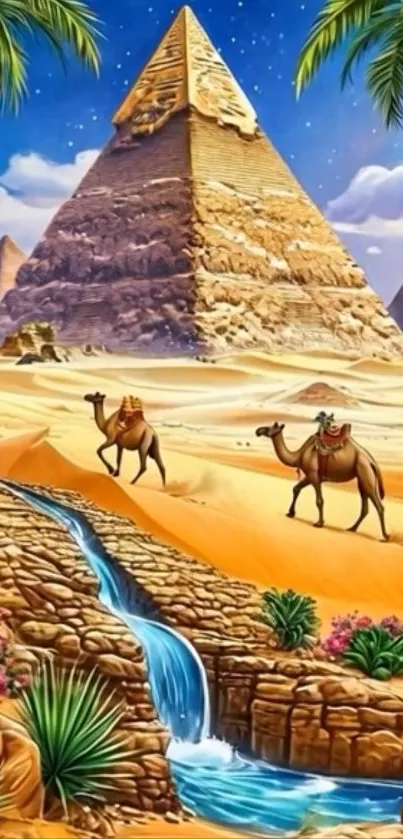 Colorful Egyptian desert scene with pyramids and camels.