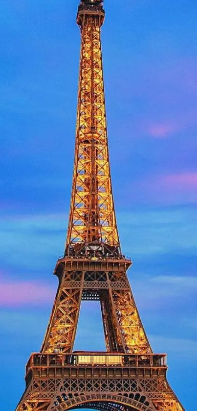 Eiffel Tower with vibrant sunset sky background.