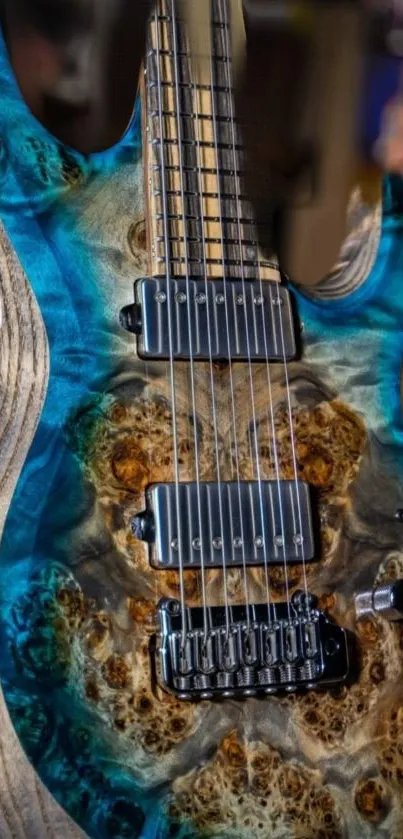 A striking electric guitar with teal blue accents on a wooden body.