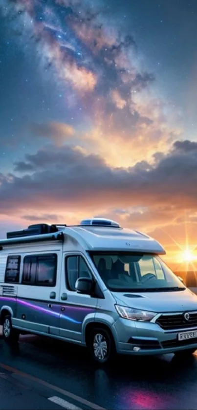 Van on a scenic road with sunset and starry sky backdrop.