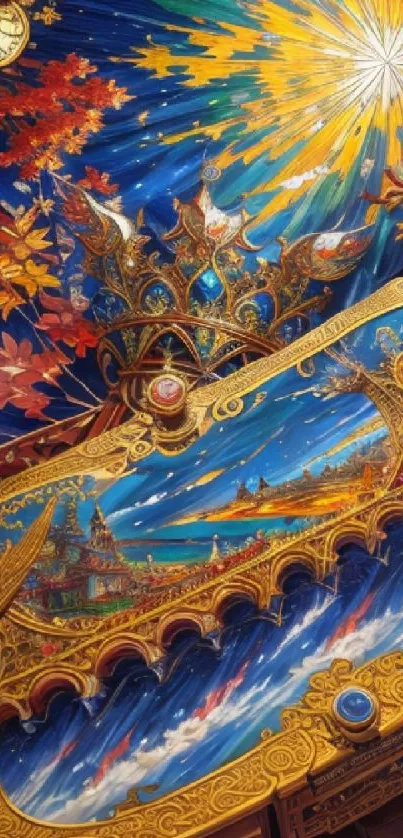 Fantasy art wallpaper with vibrant colors and celestial theme for mobile screens.