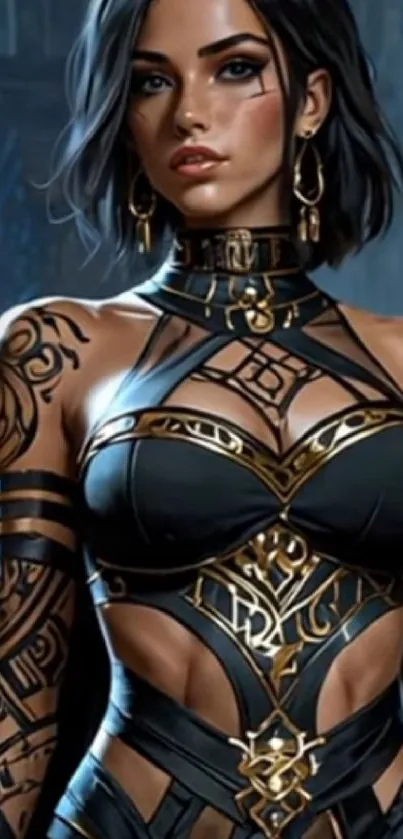 Fantasy warrior with tattoos and armor on a mobile wallpaper.