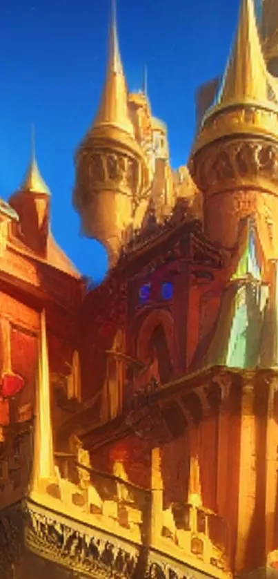 Vibrant fantasy castle wallpaper with golden spires and rich orange hues.