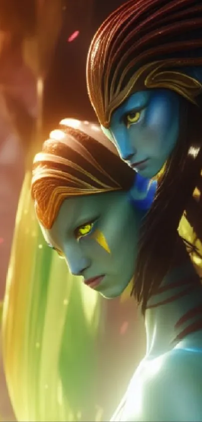 Two mystical blue-skinned creatures in a fantasy setting with vivid lighting.