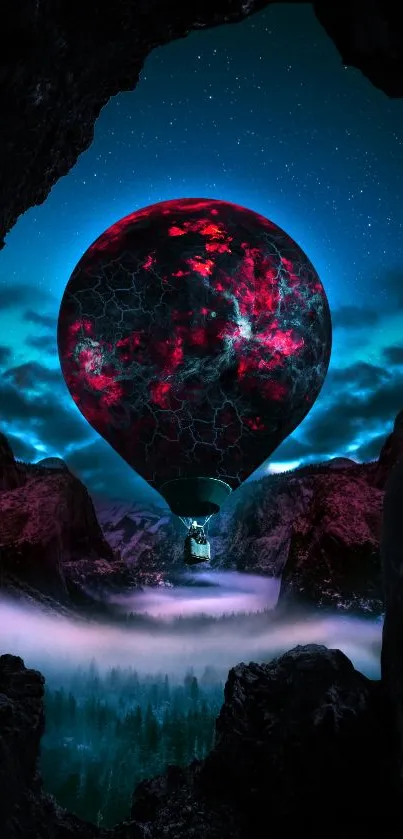 Fantasy hot air balloon glows above a misty, starry landscape at night.