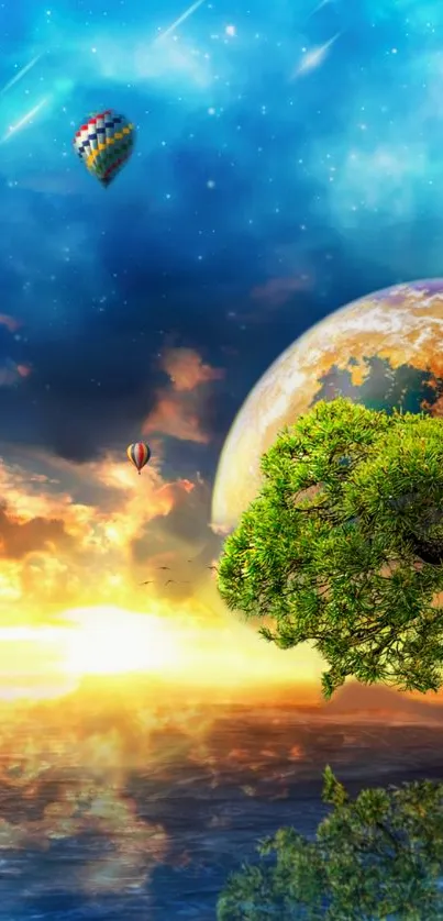 Fantasy landscape with a vibrant sky, distant planet, and hot air balloons.