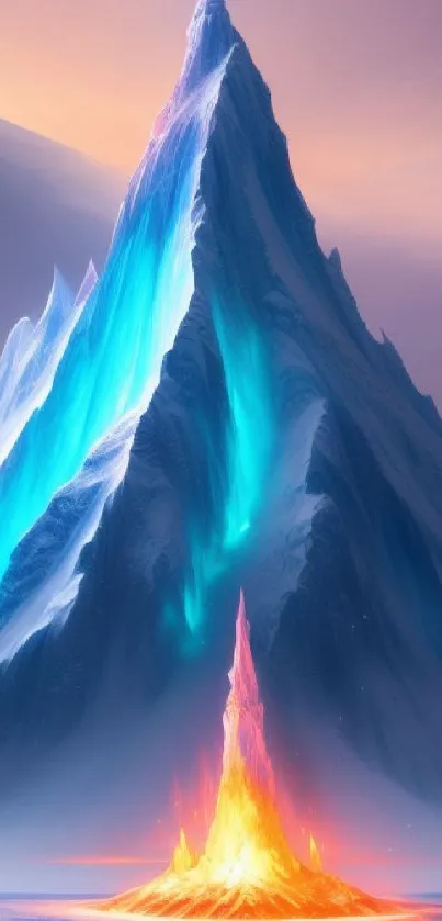 Fantasy mountain with glowing ice and fire peaks in a vibrant landscape.