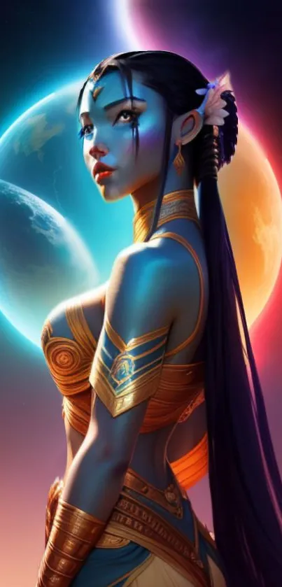 Stunning fantasy warrior with vibrant colors and planet backdrop.