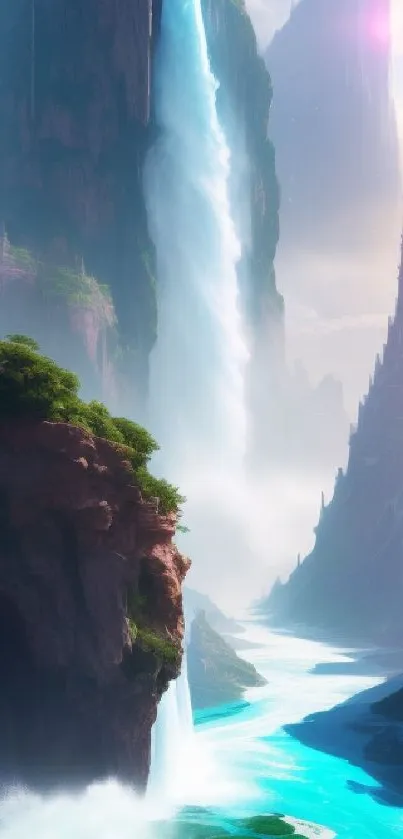 Fantasy landscape with waterfall and cliffs under a vibrant sky.