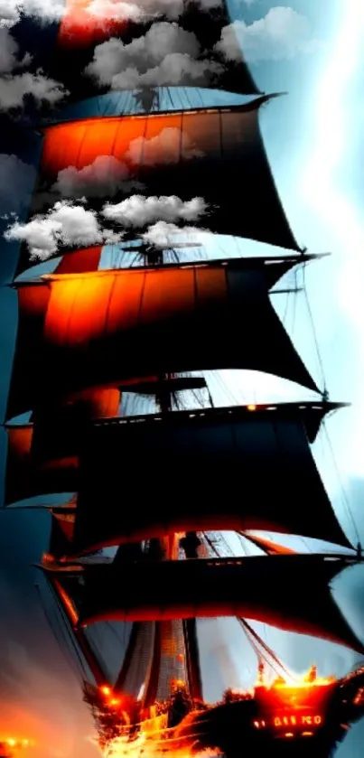 Fiery sailing ship under stormy sky with dramatic clouds and lightning.