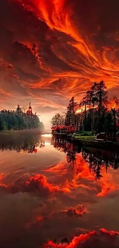 Fiery sky reflecting on a peaceful lake during sunset.