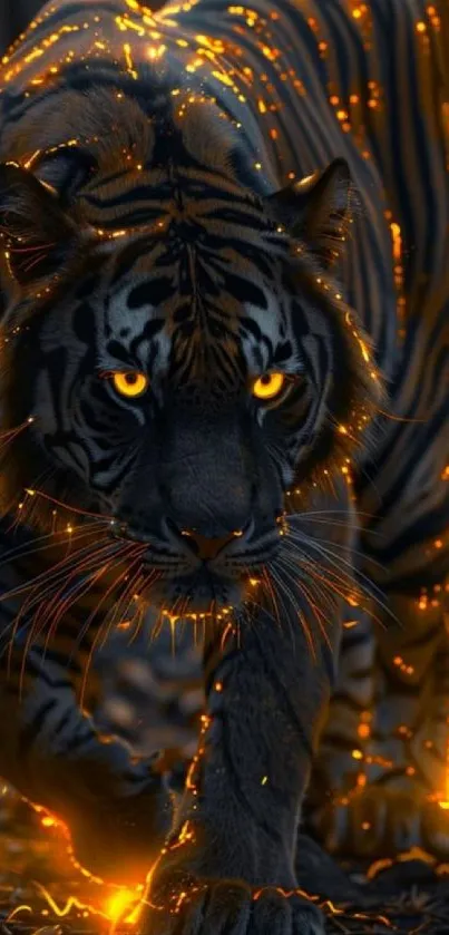 A tiger with glowing eyes walks confidently in a fiery, dark forest.