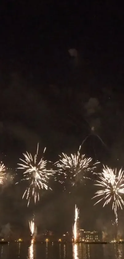 Nighttime fireworks illuminating the sky over water.