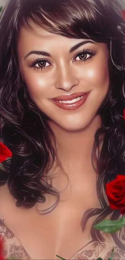 A woman surrounded by vibrant red roses in a floral-themed portrait wallpaper.