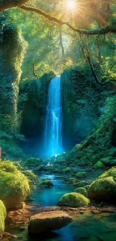 Serene forest waterfall with vibrant greens and sunlight.