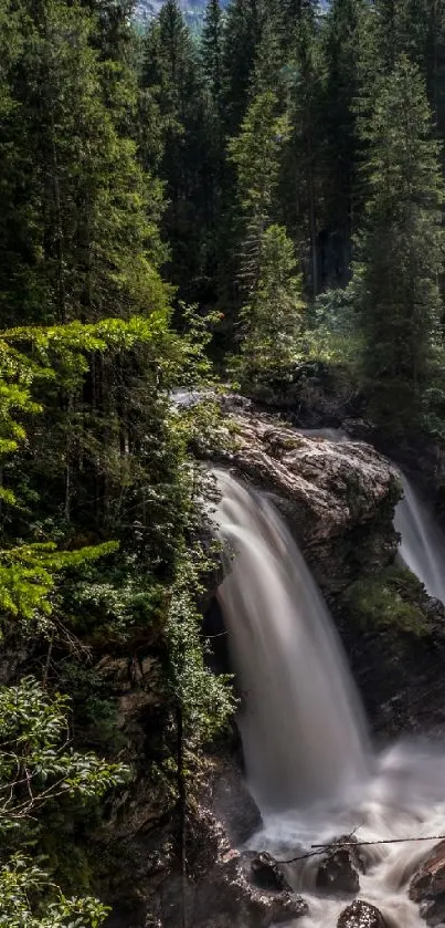 Waterfall flowing through a lush green forest scene.