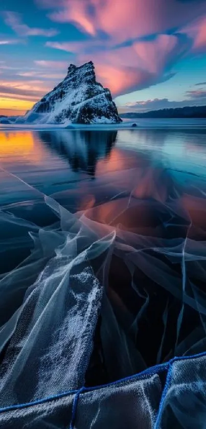 Stunning sunset over frozen lake with pink clouds and ice.