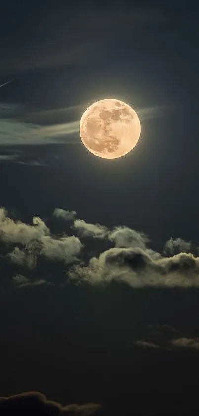 Bright full moon in a dark, cloud-filled night sky.