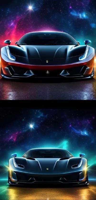 Futuristic car with neon lights under a cosmic night sky.