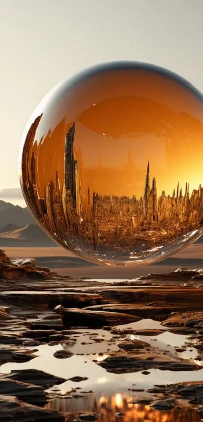 Reflective sphere over a futuristic desert landscape.