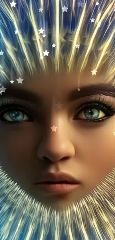 Futuristic face with blue eyes and radiant light in mobile wallpaper.