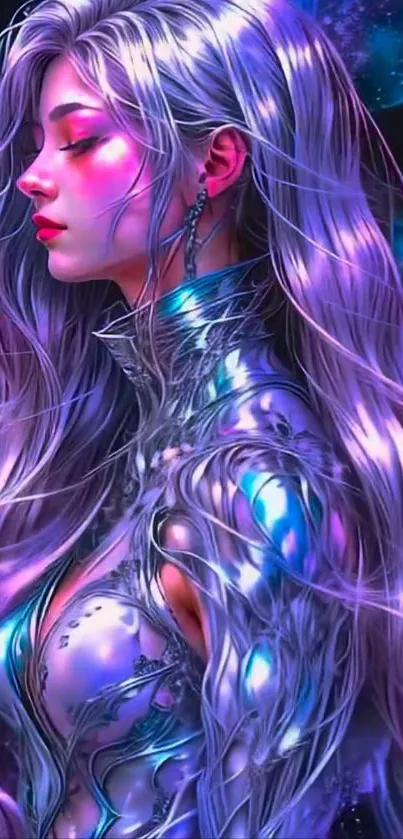 Futuristic purple space woman artwork with cosmic background.