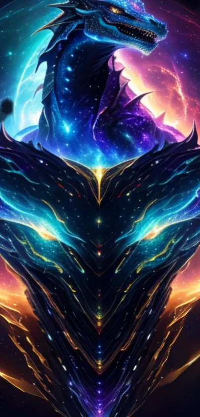 Vibrant cosmic dragon art on a mobile wallpaper.