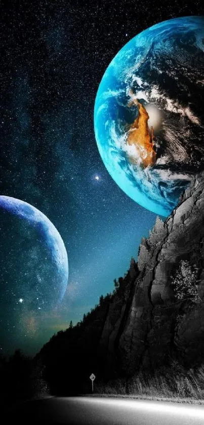Captivating galactic road wallpaper with stars and planets.