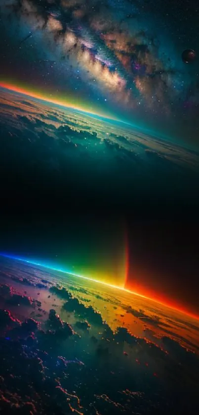 Vibrant galactic skyline wallpaper with cosmic hues.