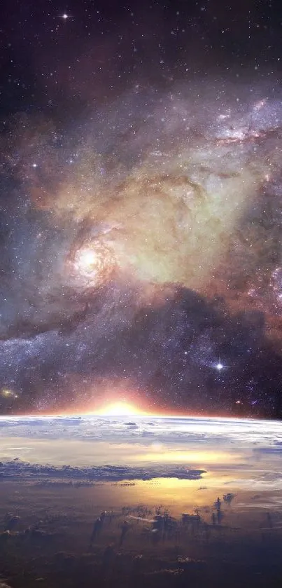 Stunning wallpaper of a galaxy above Earth with vibrant cosmic colors.