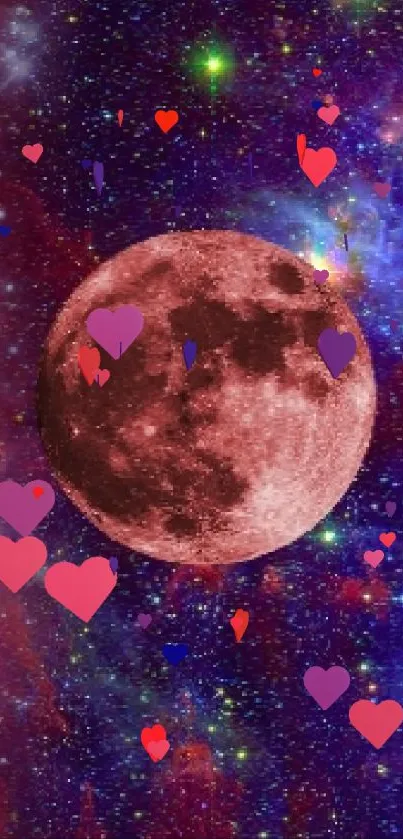 Colorful galaxy and moon phone wallpaper in pink, blue, and purple hues.