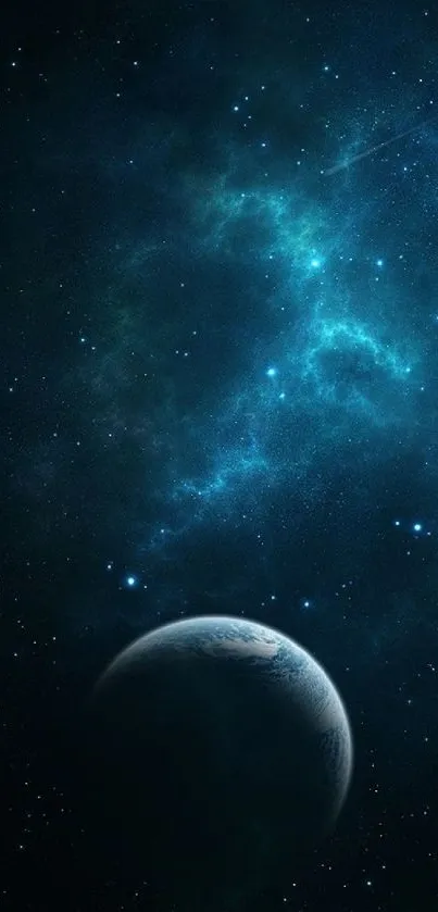 Dark blue galaxy wallpaper with a planet and stars.