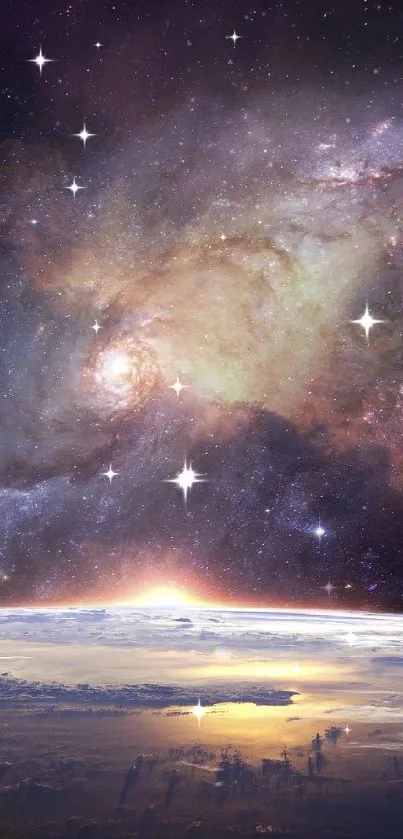 Vibrant galaxy and Earth's horizon in space wallpaper