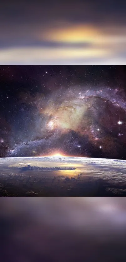 Stunning image of Earth viewed from space with a vibrant galaxy backdrop.