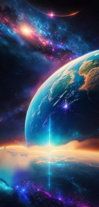 Mobile wallpaper featuring Earth and galaxy with vibrant cosmic colors.