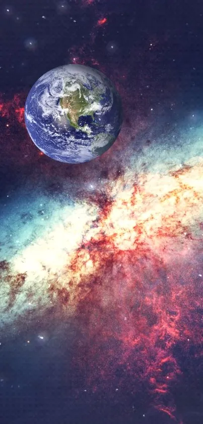 Vibrant wallpaper of Earth in a colorful galaxy with stars and cosmic elements.