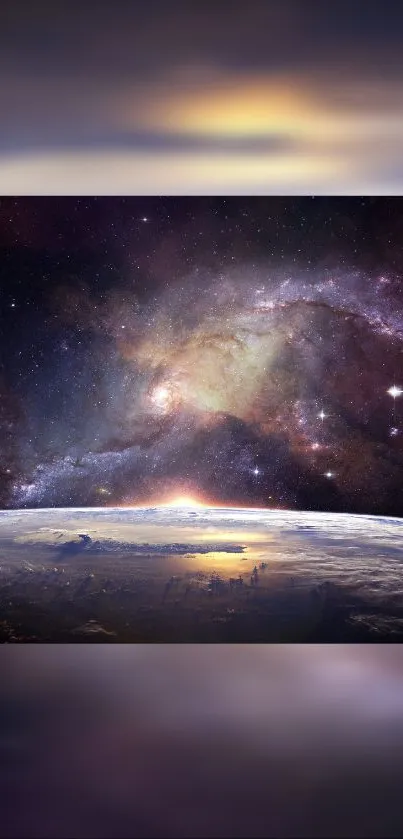 Galaxy view of Earth with cosmic backdrop.