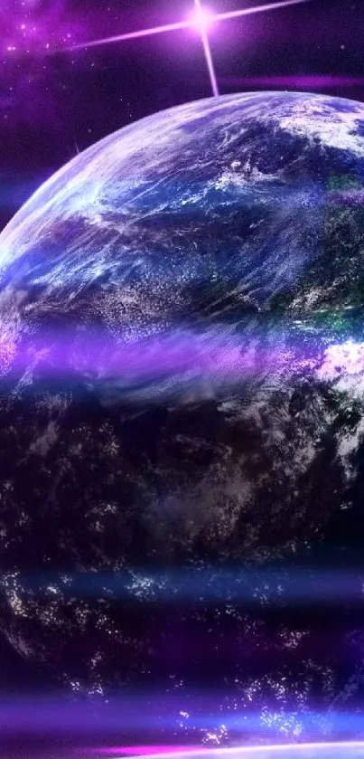 Galaxy-themed wallpaper with Earth and stars.