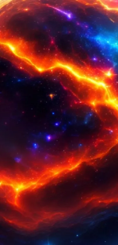 Vivid galaxy explosion wallpaper with orange and blue hues.