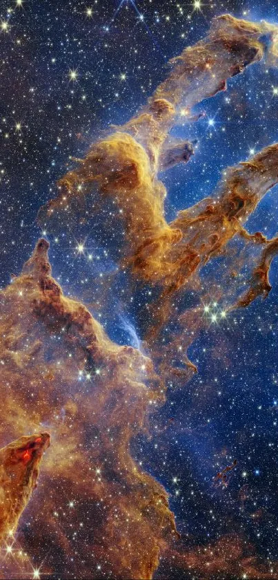 Colorful galaxy formation with stars and cosmic dust set against a blue backdrop.